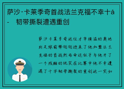 萨沙·卡莱季奇首战法兰克福不幸十字韧带撕裂遭遇重创